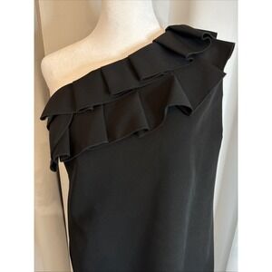 Trina Turk Womens Size 12 Black Sleeveless Ruffle One Shoulder Sheath Dress